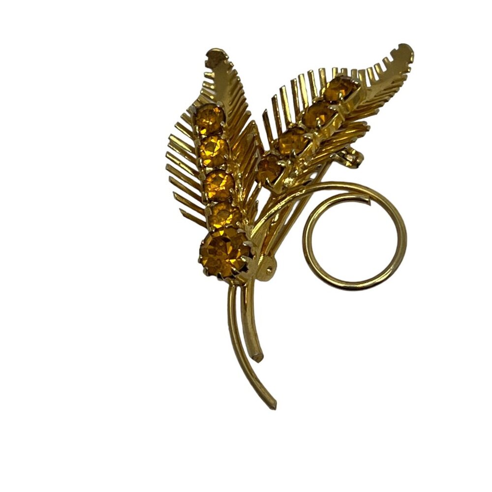 Vintage Leaves Brooch Orange Rhinestones Gold Tone Leaf
